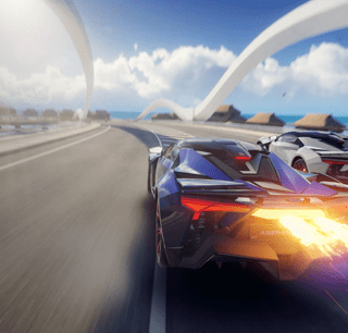 Fotograma de um videojogo com um carro em alta velocidade numa estrada sinuosa.