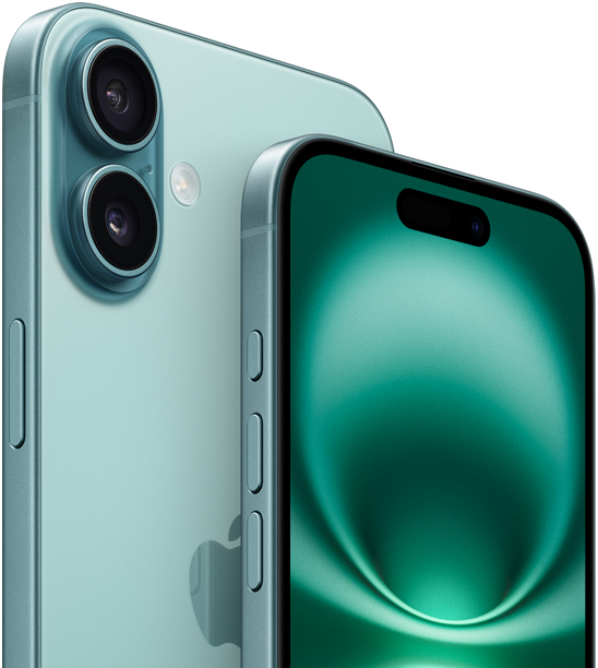 iPhone 16 Plus e iPhone 16, botão Ação, botões de volume, botão lateral e Controlo da câmara, vista frontal, com ecrã total, Dynamic Island centrada em cima, vista traseira em verde azulado, com sistema de câmara dupla avançado em relevo no canto superior esquerdo e logótipo Apple no centro